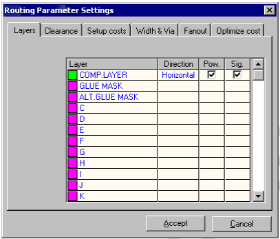 Routing Parameter Settings Window
