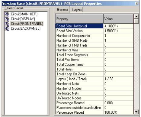 PCB layout property window
